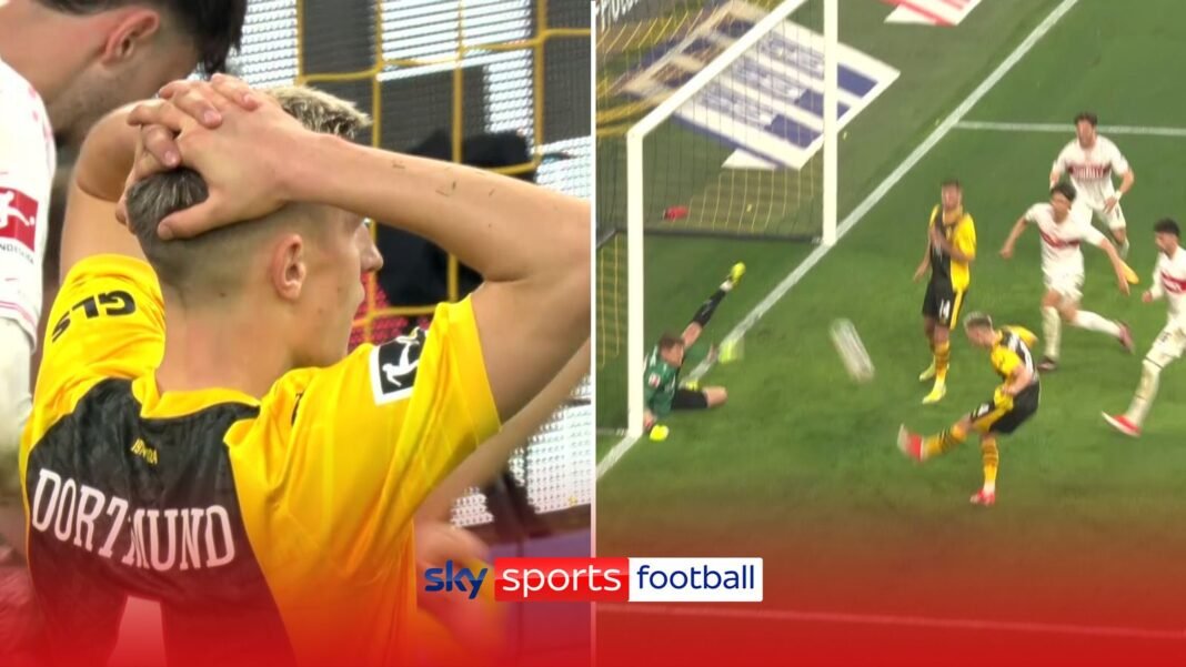 Borussia Dortmund’s Nico Cedric Schlotterbeck fires over from three yards against Stuttgart