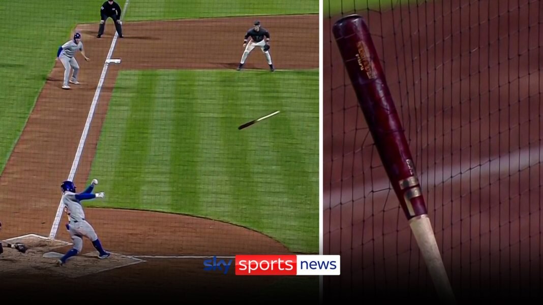 Baseball bat sent FLYING towards dugout during MLB game | Baseball News | Sky Sports