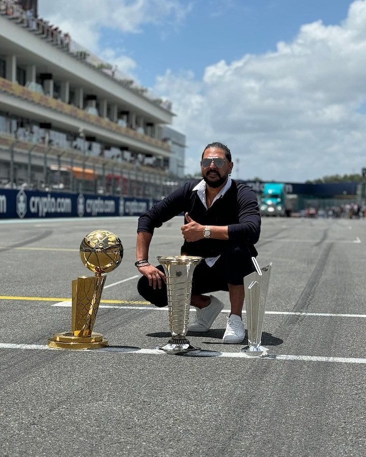 Yuvraj Singh shows off World Cup trophy at Miami GP