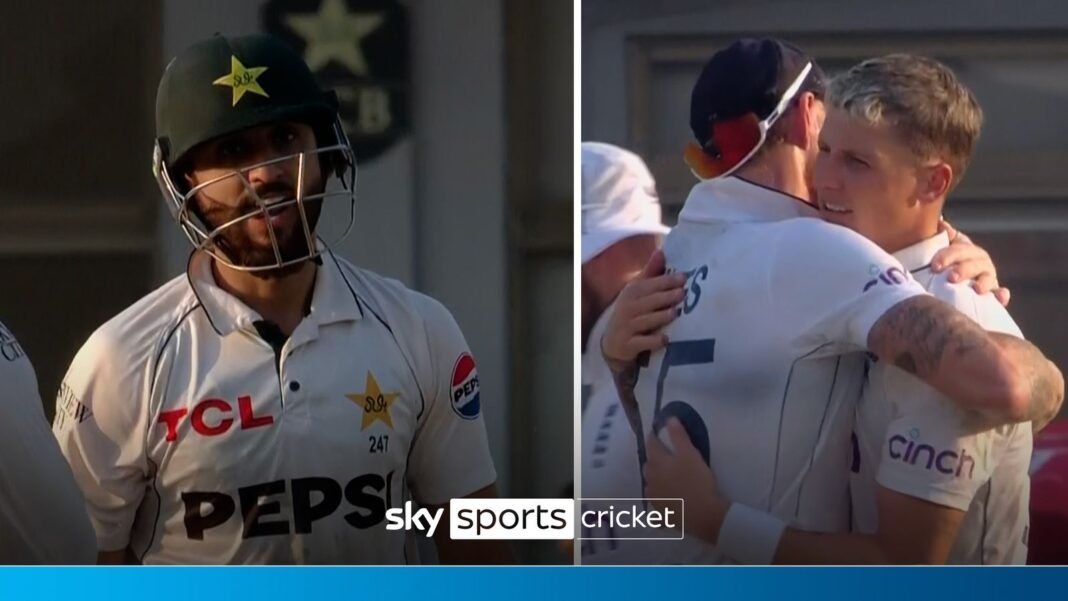 Salman Ali Agha is caught by Ben Stokes after a superb delivery from Carse…