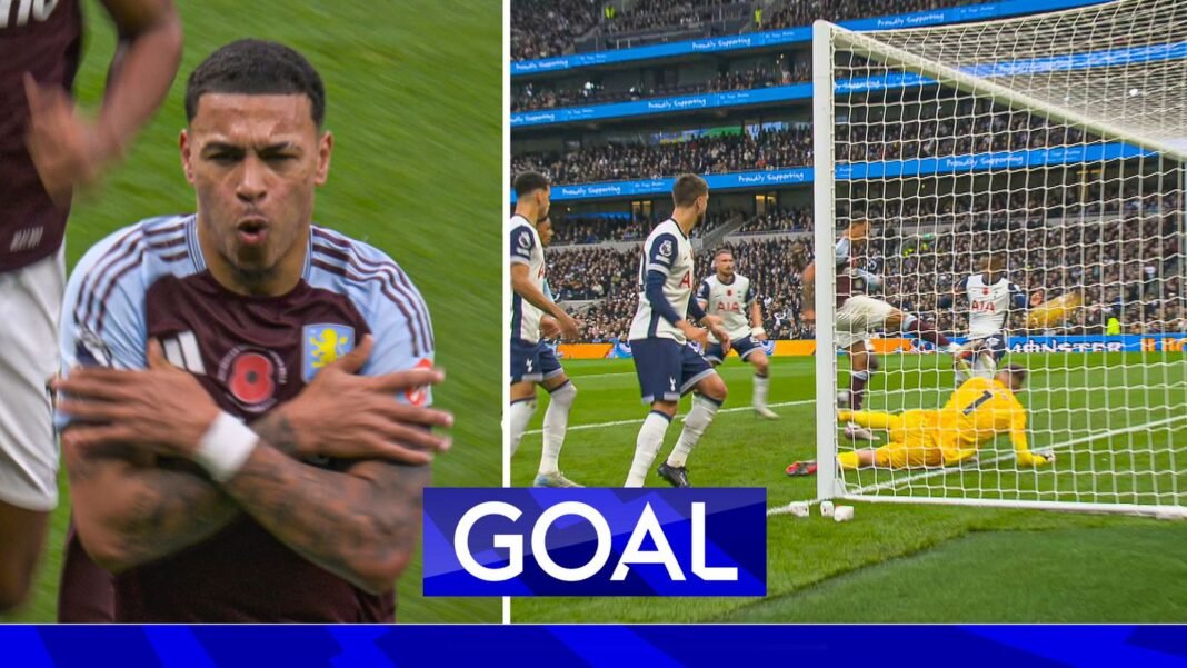 Morgan Rogers tap-in puts Aston Villa ahead at Tottenham.”
