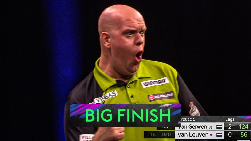 Michael van Gerwen hits a 124 checkout against Noa-Lynn Van Leuven in the Grand…