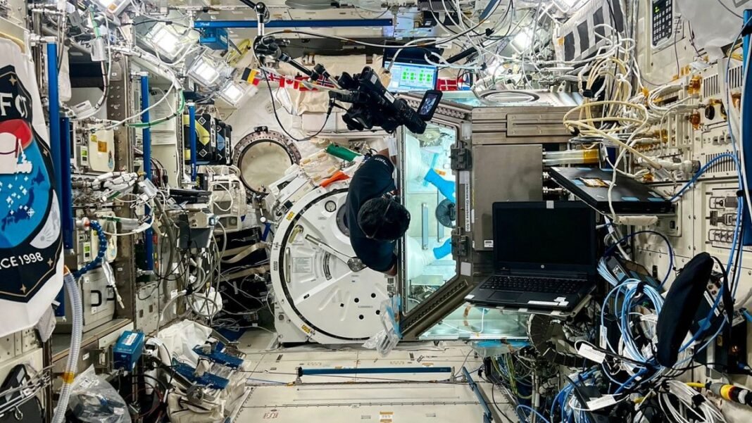 6 pictures show how Shux hung to Space Station wall to do science