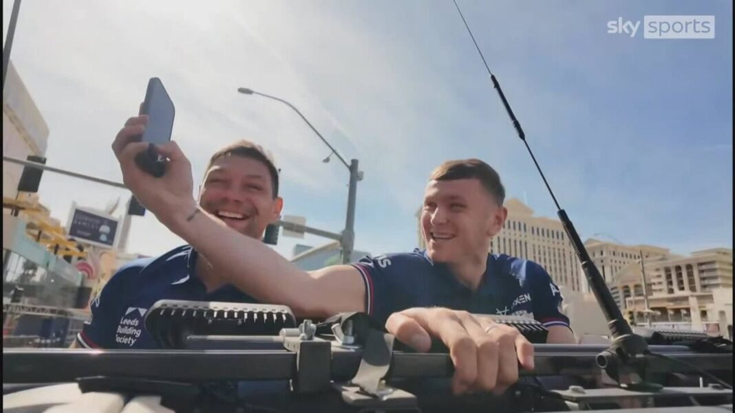 Leeds Rhinos Ryan Hall and Harry Newman tour Las Vegas in military hummer