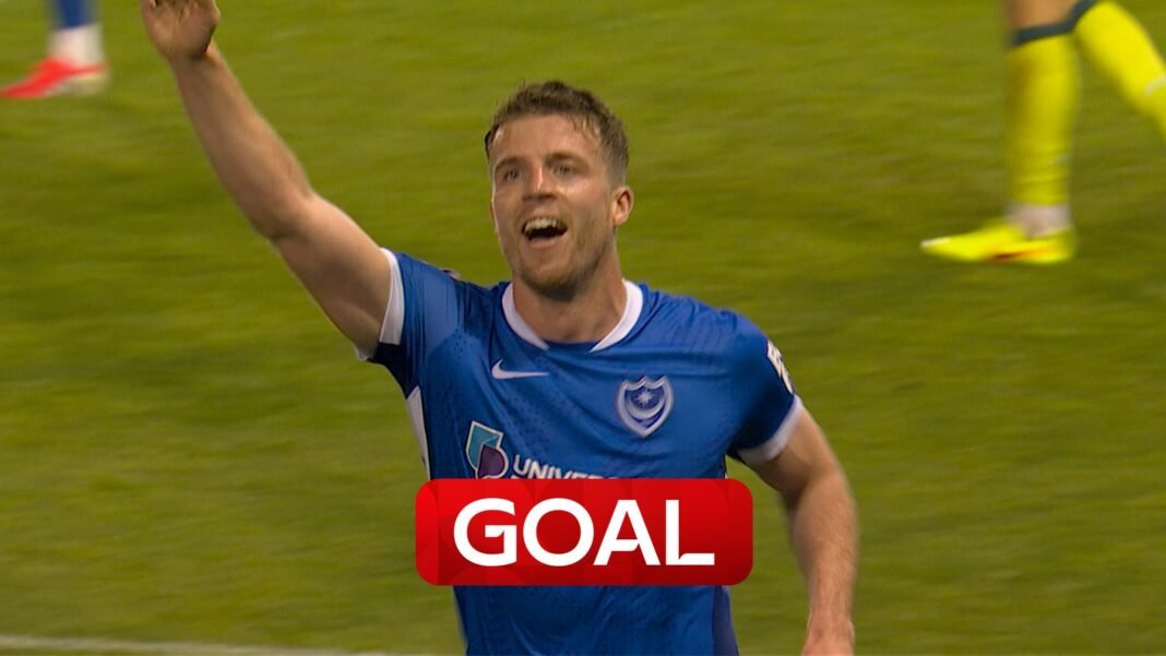 Conor Shaughnessy fights off George Hirst to head in from close range to put Portsmouth ahead