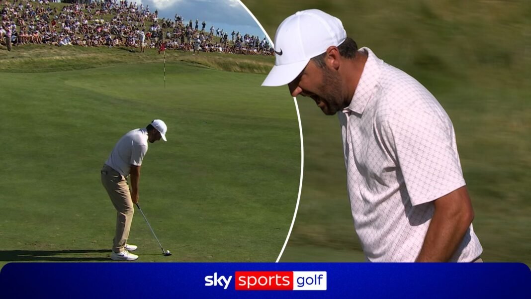US Open: Scottie Scheffler pumped after vital chip in!