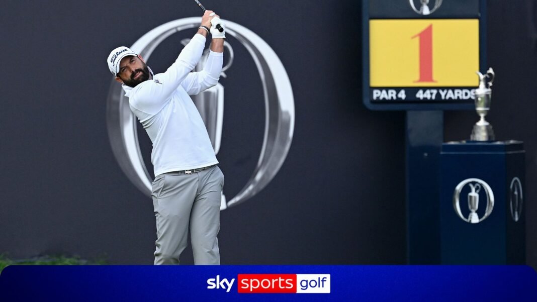 Local hero Matthew Baldwin hits the first shot of The Open at Royal Birkdale