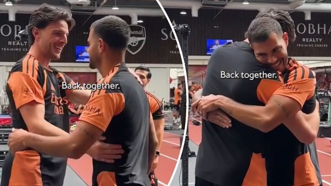 Declan Rice meets Bruno Guimaraes for the first time as an Arsenal player