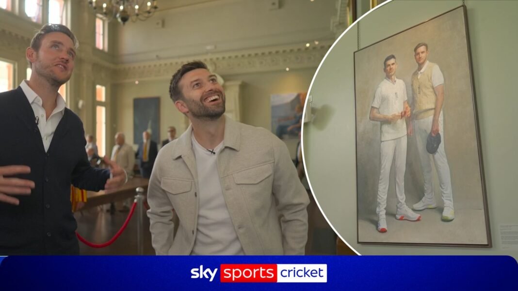 Stuart Broad discusses his painting with James Anderson in the Lords long-room