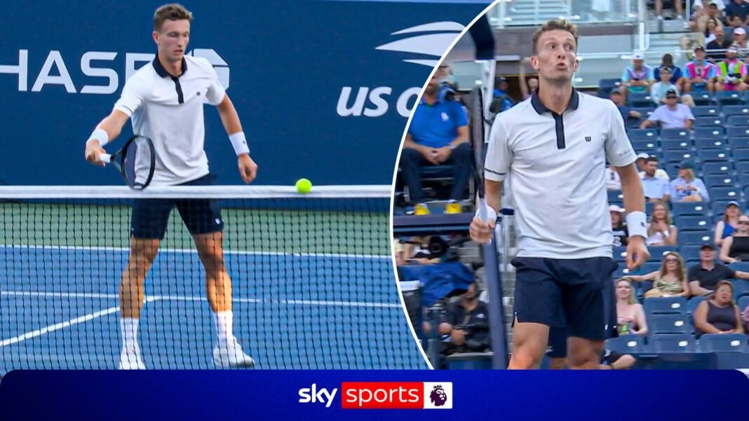 Jiri Lehecka hits ball into net from other side of the court at US Open